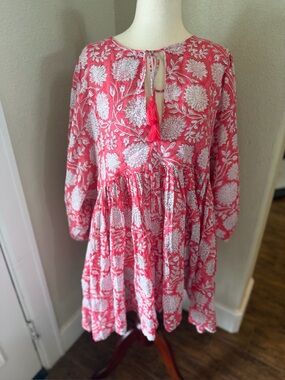 Women's Pink Floral Tassel Tie-Neck Mini Dress